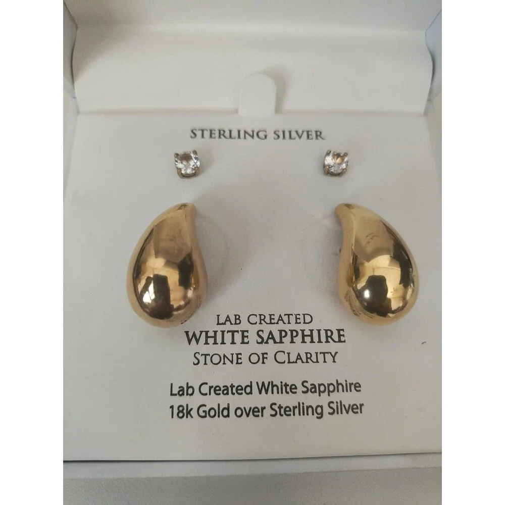 R.H. Macy & Co Lab Grown White Sapphire Stud Earrings Set 14K GP Sterling Silver